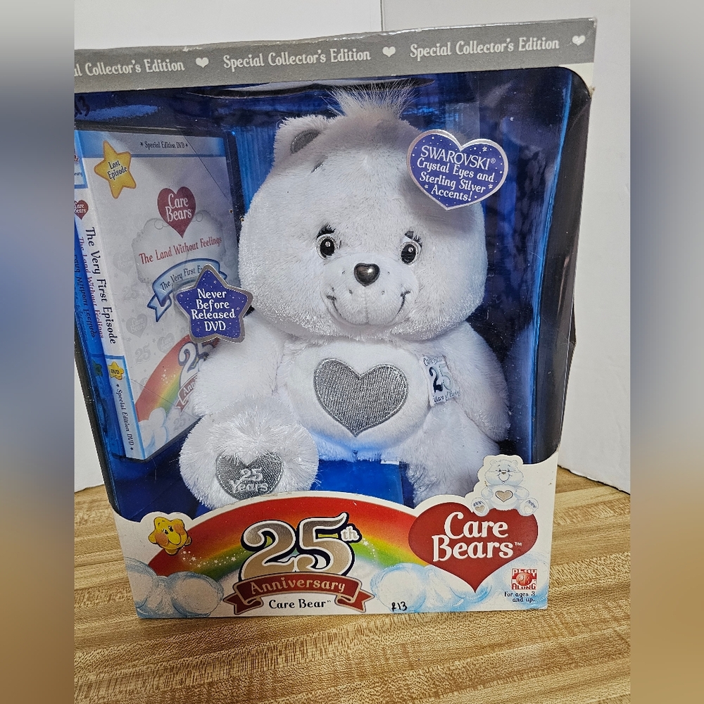 NEW Care Bears 25th Anniv White Bear Swarovski Crystal Eyes & DVD NIB